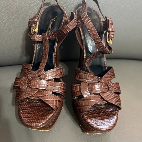 Saint Laurent Dark Brown Croc-Embossed Heels - Picture 1 of 2